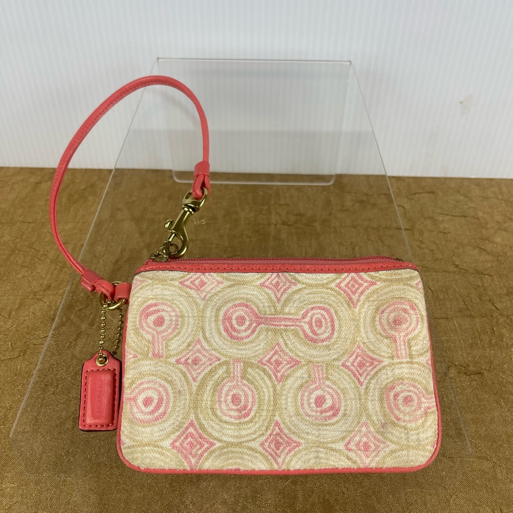 COACH Audrey OpArt Swirl Canvas Leather Wristlet Pouch Wallet Pink Tan